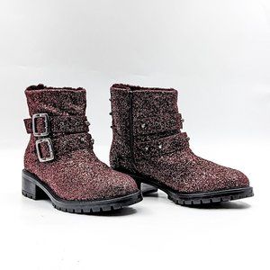 Ross&Snow Wmn Distress indigo Purple Metallic Stud Buckle Moto Bike Boots sz 9.5